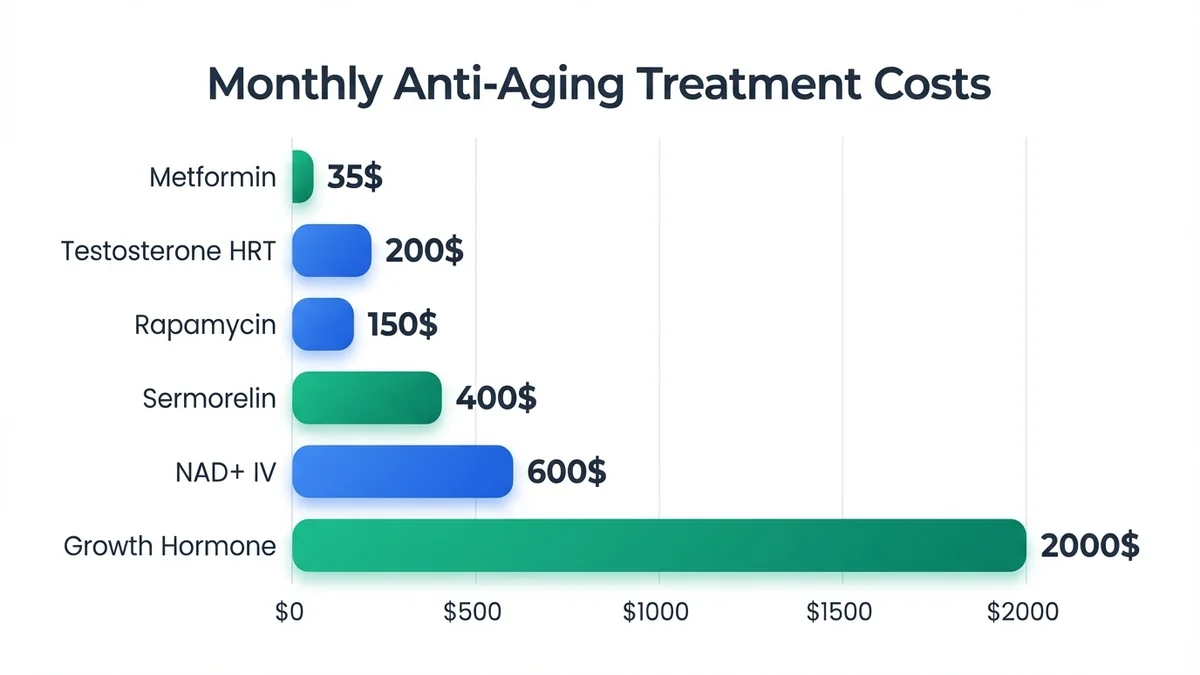 Bar chart comparing monthly costs of anti-aging treatments ranging from $35 metformin to $2000 growth hormone therapy, with sermorelin at $400 and other options in between
