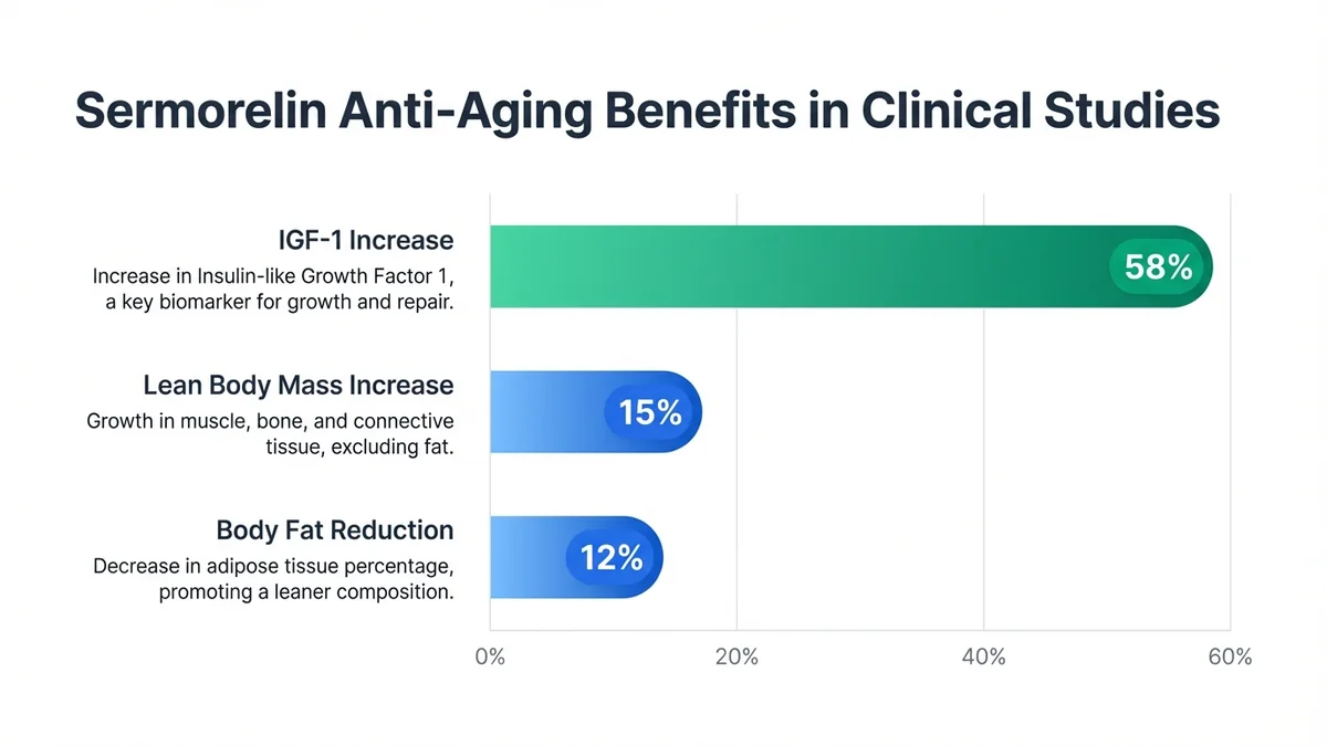 Bar chart showing percentage improvements from sermorelin therapy including 58% IGF-1 increase, 15% lean body mass increase, and 12% body fat reduction over 6 months in adults aged 40-70