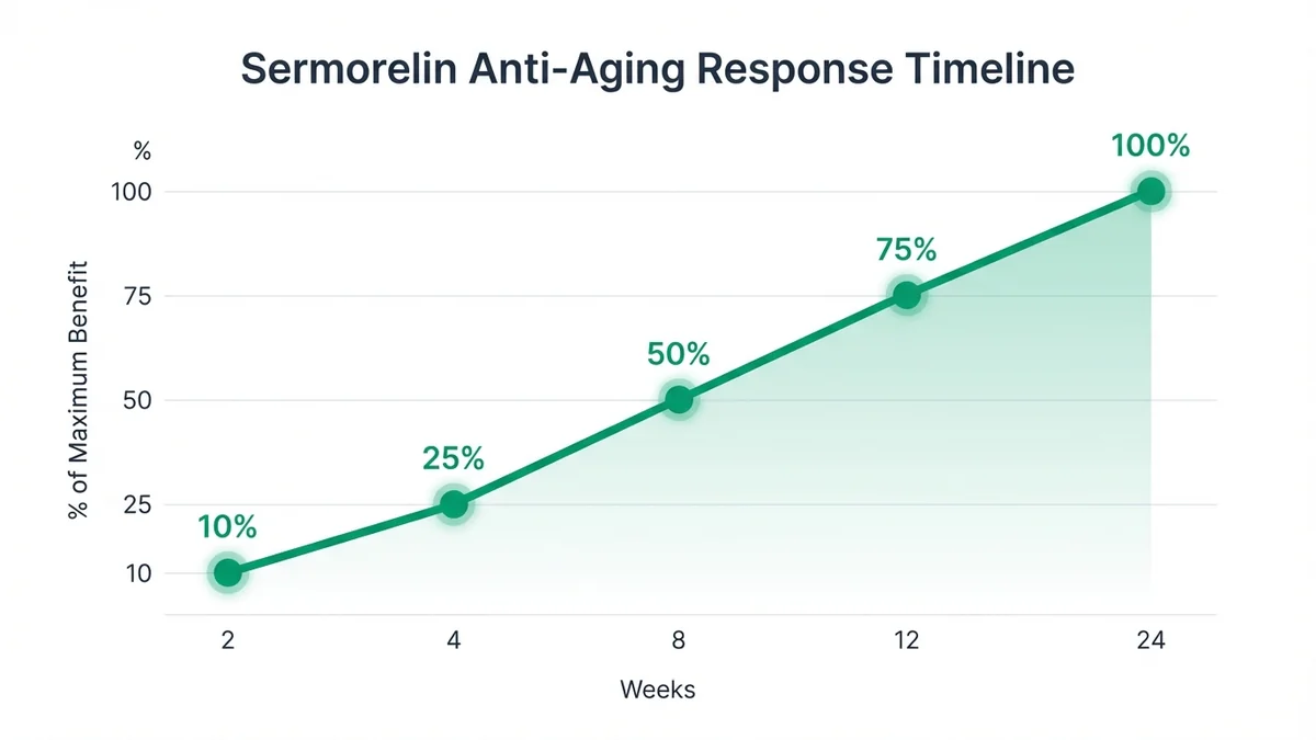 Timeline chart showing progression of sermorelin benefits from 2 weeks (IGF-1 increase begins) to 24 weeks (peak body composition changes) with key milestones marked