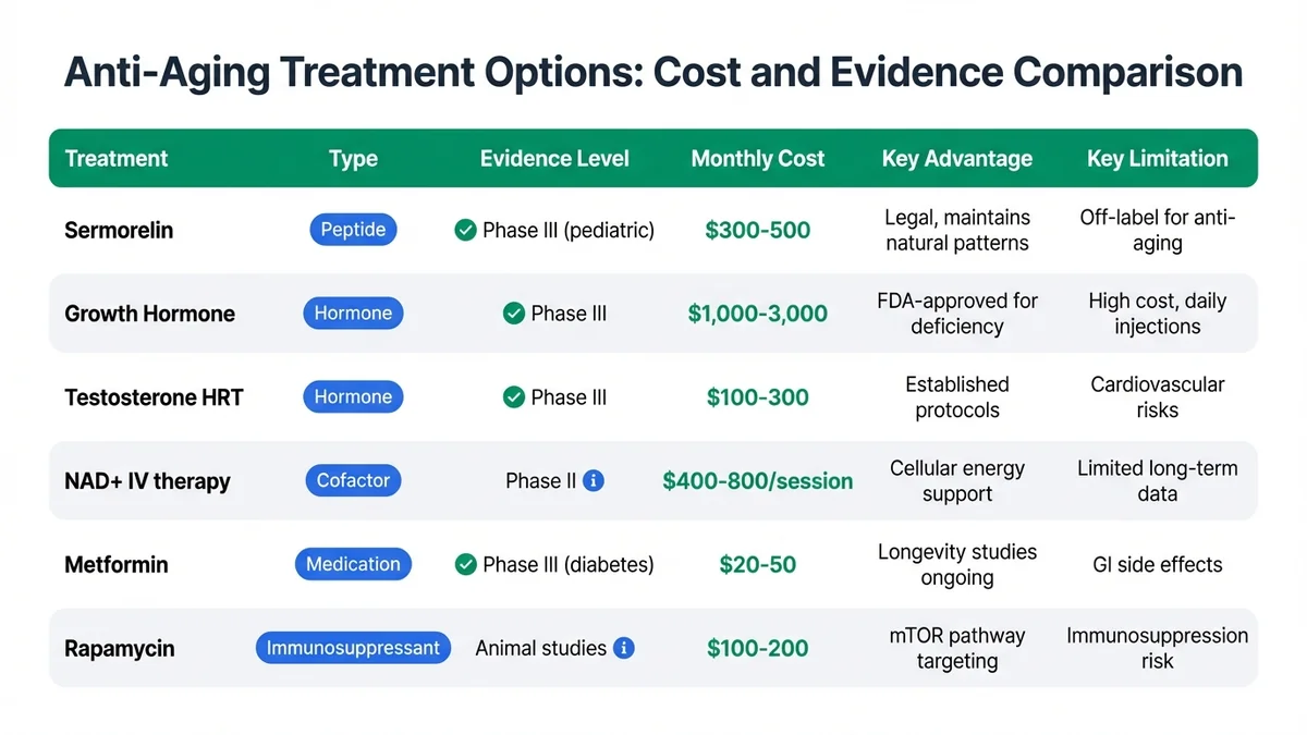 Comparison table showing treatment type, evidence level, typical monthly cost, key advantages and limitations for six anti-aging treatments including sermorelin, growth hormone, testosterone HRT, NAD+ IV therapy, metformin, and rapamycin