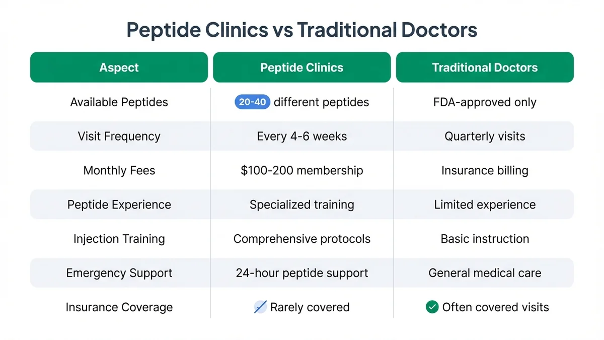 Comparison table showing differences between specialized peptide clinics and traditional doctors in terms of peptide availability, visit frequency, costs, monitoring, and services offered