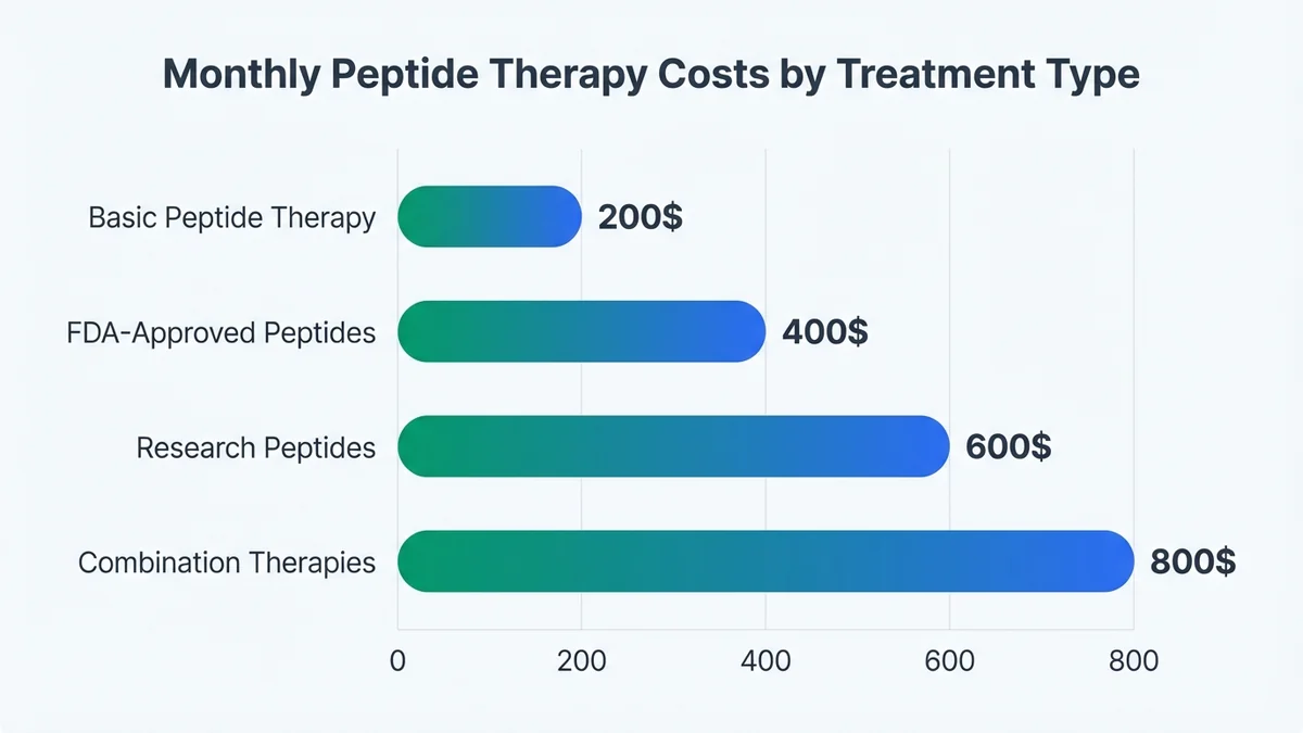 Bar chart showing monthly costs for different peptide therapies ranging from $200-800, with FDA-approved peptides at $300-500, research peptides at $400-800, and clinic packages at $1200-2000 for 3 months