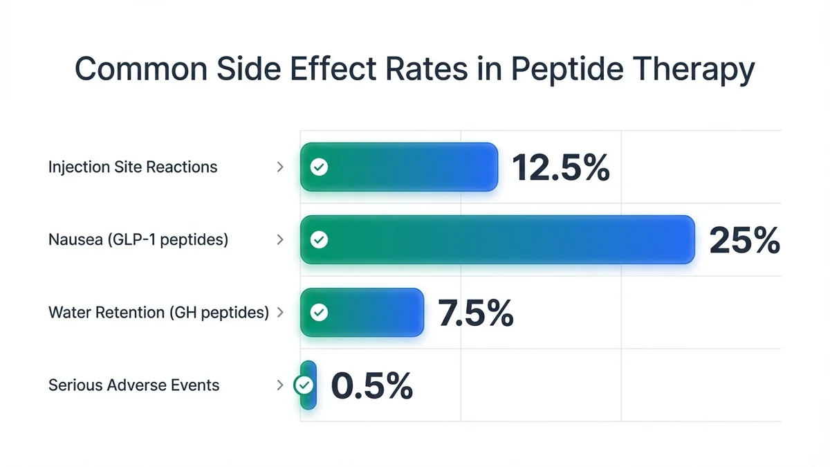 Bar chart showing percentages of common side effects: injection site reactions 10-15%, nausea from GLP-1 agonists 20-30%, water retention from growth hormone peptides 5-10%, and serious adverse events less than 1%