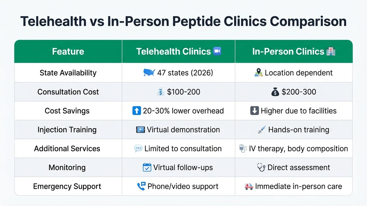 Comparison table showing differences between telehealth and in-person peptide clinics including availability, consultation costs, services offered, and monitoring capabilities