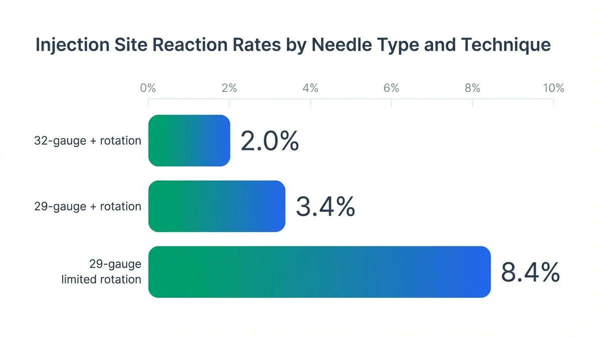 Bar chart comparing injection site reaction rates between different needle gauges and injection site rotation practices