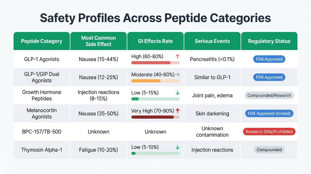 Comparison table showing primary mechanisms, common side effects, GI effect rates, serious events and regulatory status for different peptide therapy categories