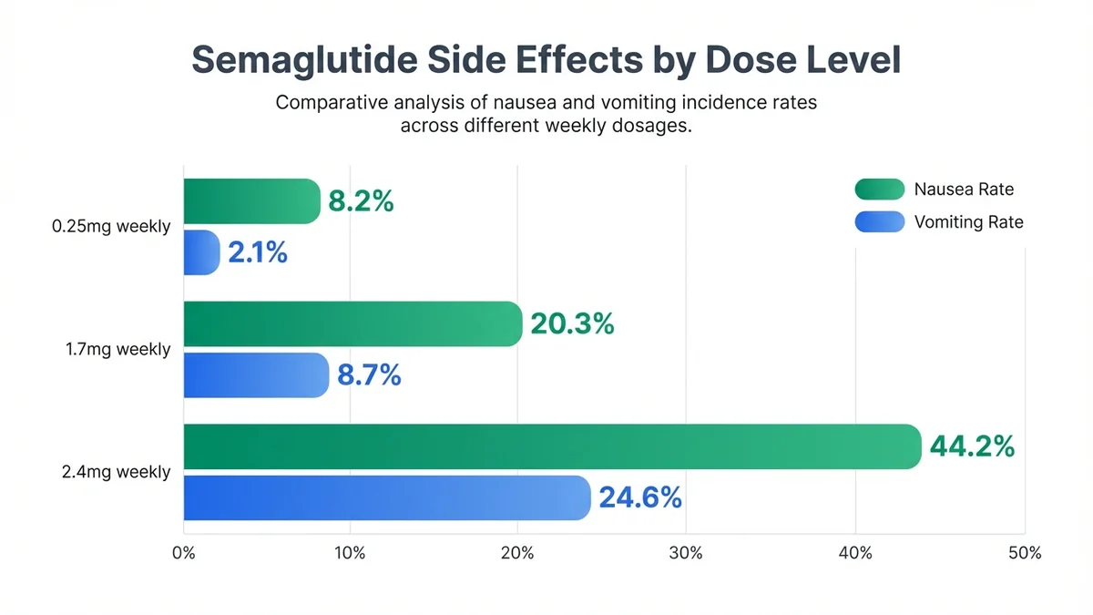 Bar chart showing increasing rates of nausea, vomiting and diarrhea as semaglutide dose increases from 0.25mg to 2.4mg weekly