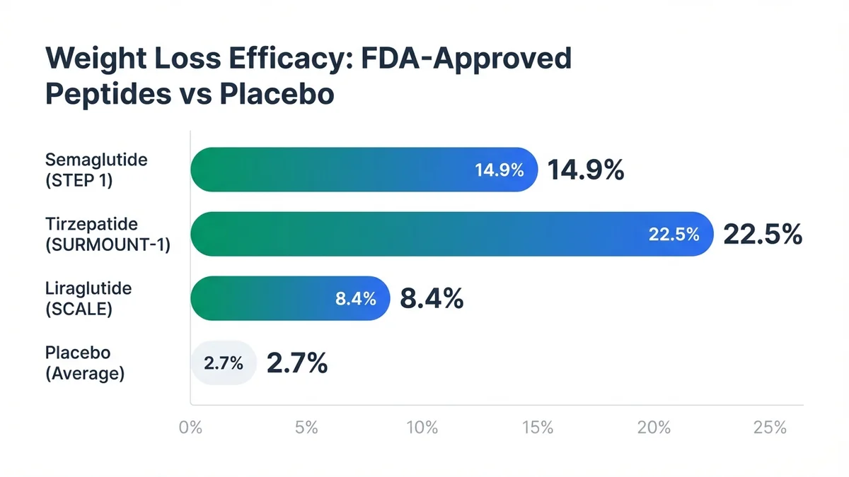 Bar chart comparing mean weight loss percentages for FDA-approved peptides (semaglutide 14.9%, tirzepatide 22.5%, liraglutide 8.4%) versus placebo (2.4-3.4%) from Phase III clinical trials