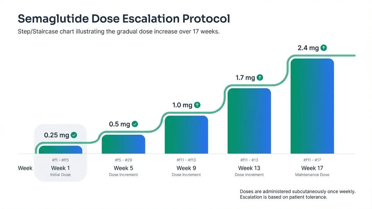 Timeline chart showing semaglutide dose escalation from 0.25mg weekly for weeks 1-4, increasing every 4 weeks to reach maintenance dose of 2.4mg weekly by week 17