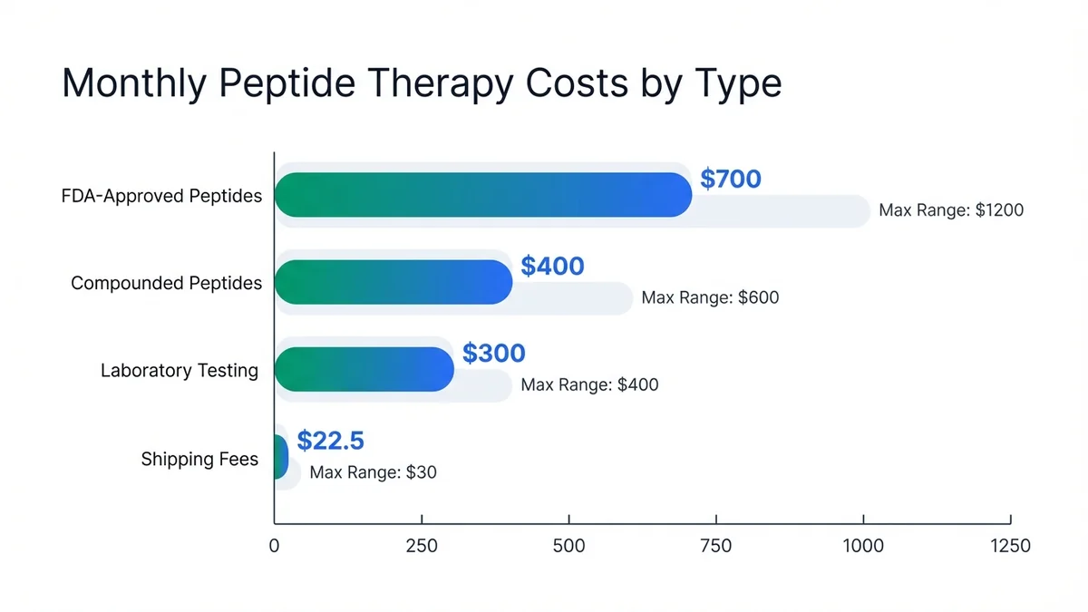 Bar chart showing monthly cost ranges for FDA-approved peptides ($200-1200), compounded peptides ($200-600), with additional costs for laboratory testing ($200-400 per cycle) and shipping ($15-30 per order)