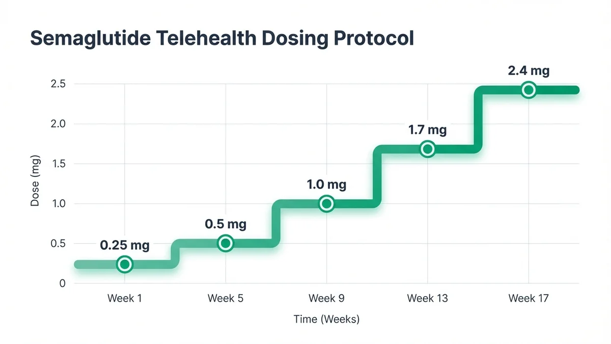Dose escalation chart showing semaglutide weekly dosing schedule starting at 0.25mg for 4 weeks, increasing to 0.5mg, 1.0mg, 1.7mg, and maximum 2.4mg based on tolerability
