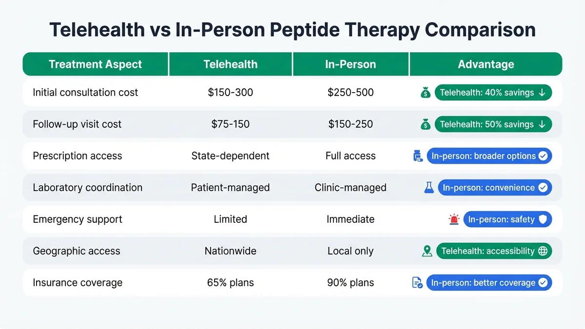 Detailed comparison table showing costs, access, support, and insurance coverage differences between telehealth and in-person peptide therapy treatment options
